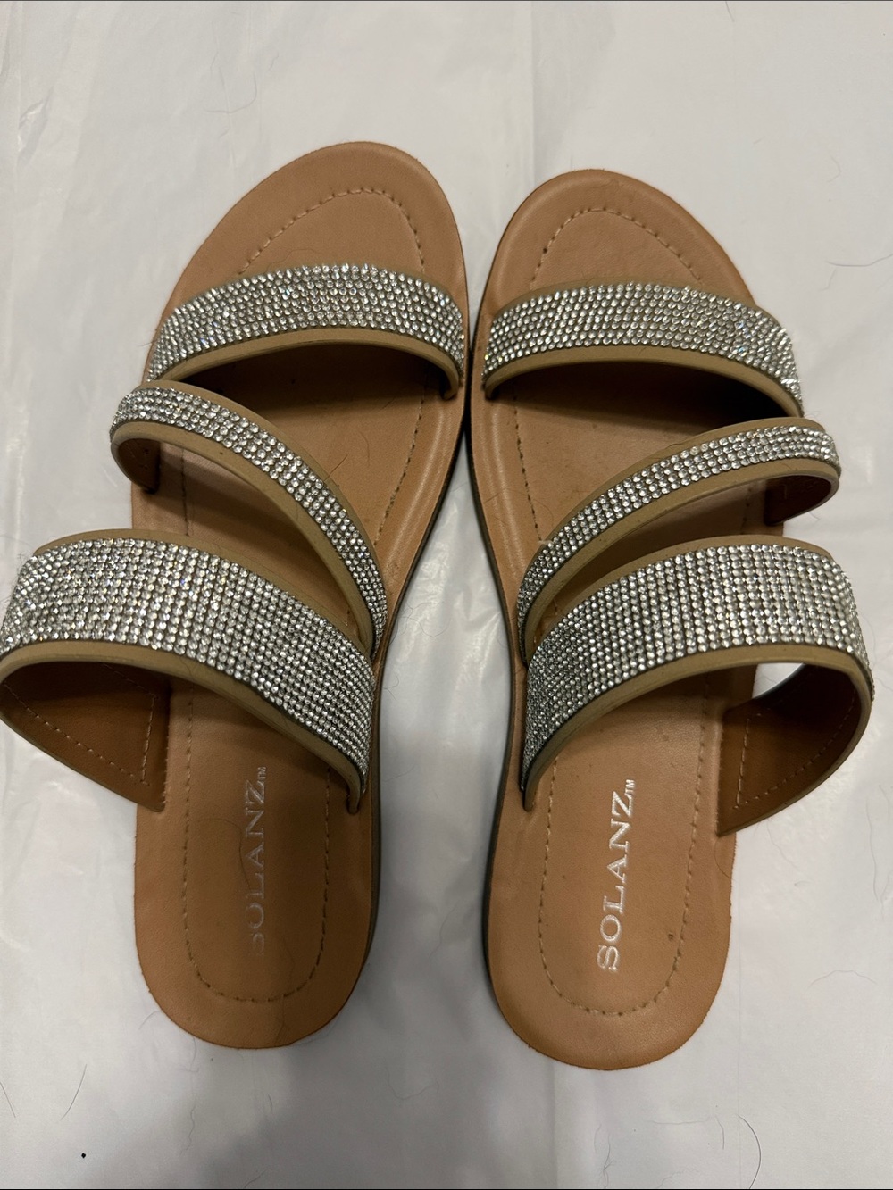 Solanz Tan Slide Sandals with Silver Crystal Straps